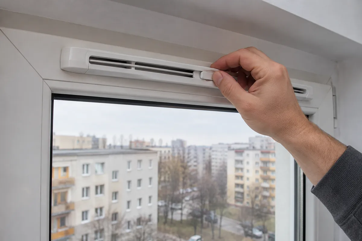 Nawiewnik okienny z regulacją przepływu na ramie okna