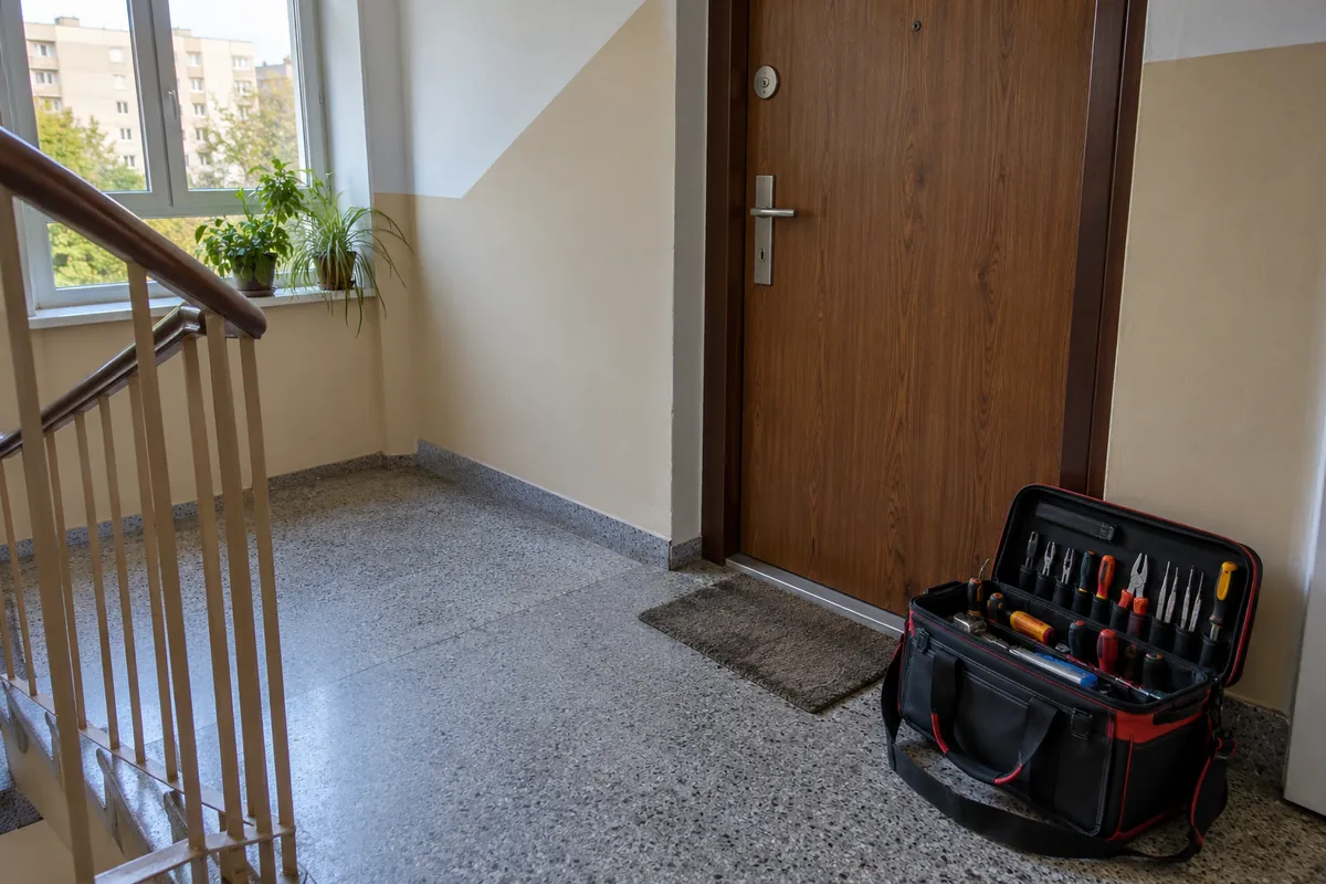 Torba z narzędziami ślusarskimi przed drzwiami mieszkania