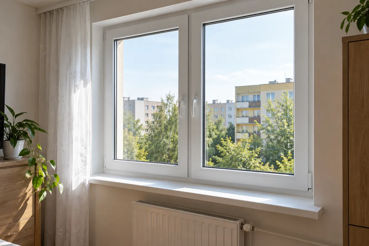 Nowe okno PCV z parapetem w pokoju w bloku